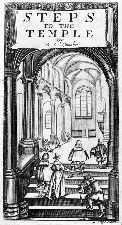 Richard Crashawin esikuva temppelin portaille, kaiverrus J. Cross, 1648 tekijältä English School