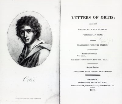 Niccolo Ugo Foscolon etukappale The Letters of Ortis, painos julkaistu vuonna 1818 tekijältä English School