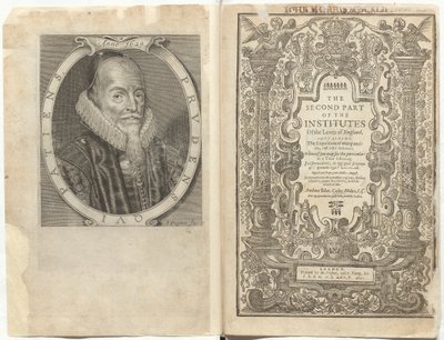 Frontispiece julkaisulle Englannin lakiinstituuttien toinen osa. Sisältää Sir Edward Coken esittelyn monista muinaisista ja muista säädöksistä jne tekijältä English School