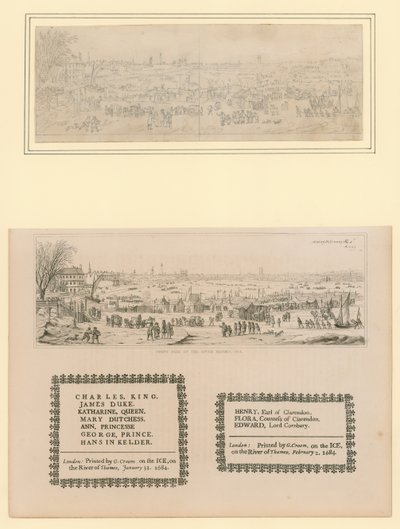 Frost Fair on Thames, painettu matkamuisto kuningas Kaarle II:lle ja perheelle, 1684 tekijältä English School