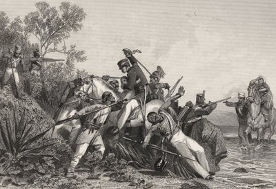 Pakenevia brittiupseereita ja heidän perheitään kapinallisten kimppuun hyökkäämässä, vuodelta 1858 peräisin olevasta teoksesta "The History of the Indian Mutiny" (kaiverrus). tekijältä English School