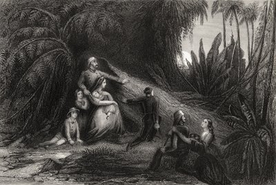 Karenneet upseerit perheineen piiloutumassa violettiin vuonna 1858 julkaistusta "Intian kapinan historiasta" tekijältä English School