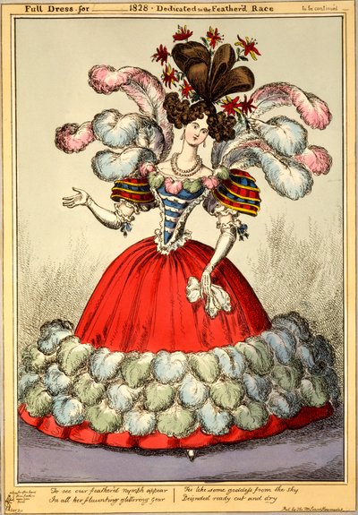 Täysmekko vuodelle _ 1828 - omistettu höyhenkisalle, 1828 (käsinvärinen kaiverrus) tekijältä English School