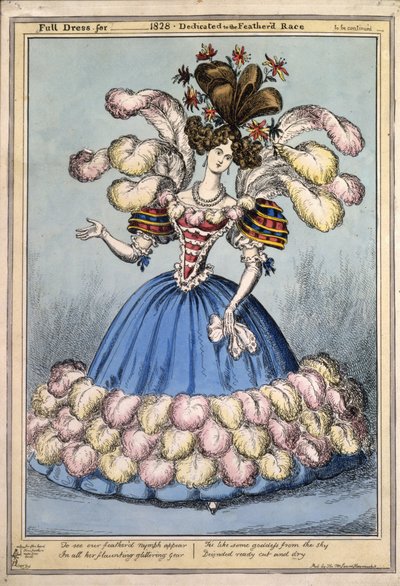 Koko mekko vuodelle 1828. Omistettu Feathered Racelle, pubi. Lontoo, 1828 (käsinvärinen kaiverrus) tekijältä English School