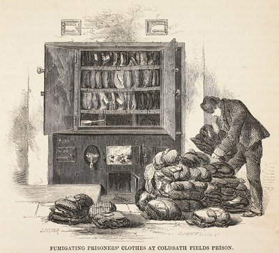 Vankien vaatteiden kaasuttaminen Coldbath Fieldsin vankilassa, kuvitus Lontoon rikosvankiloista ja Henry Mayhew