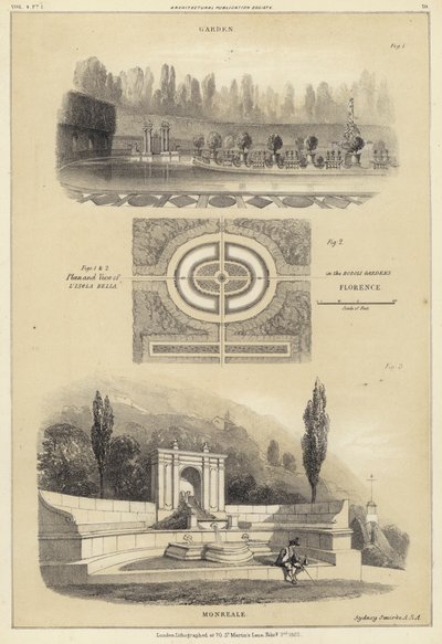 Puutarhat: Isola Bella Boboli Gardensissa, Firenzessä ja Monrealessa, Italiassa (litho) tekijältä English School