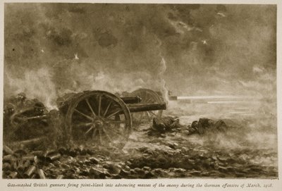 Kaasunaamioiset brittiläiset ampujat ampuivat suoraan eteneviin vihollismassoihin Saksan hyökkäyksen aikana maaliskuussa 1918, 1918-1919 tekijältä English School