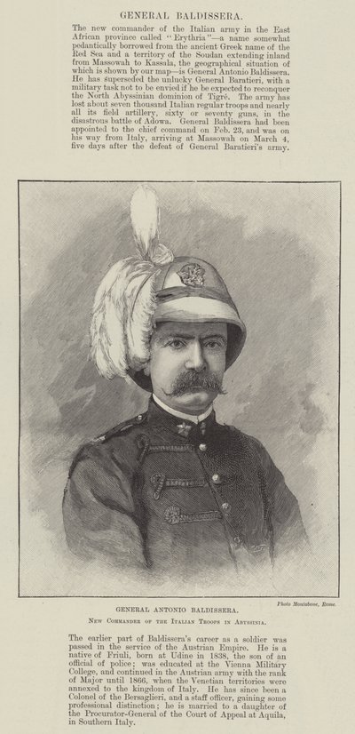 Kenraali Antonio Baldissera, Italian joukkojen uusi komentaja Abessiniassa (kaiverrus) tekijältä English School