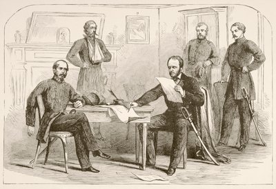 Kenraali Joseph Eggleston Johnston luovuttaa armeijan Tennesseen kenraali William Tecumseh Shermanille (litho) tekijältä English School