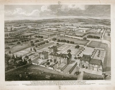 Yleiskuva Bermondsey Abbeyn jäänteistä sellaisena kuin se ilmestyi vuonna 1805 tekijältä English School