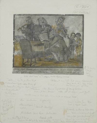 George Frideric Händel, Johann Sebastian Bach, Giuseppe Tartini, Johann Joachim Quantz, Christoph Gluck, Nicolo Jomelli, n. 1750 (käsinvärinen kaiverrus) tekijältä English School