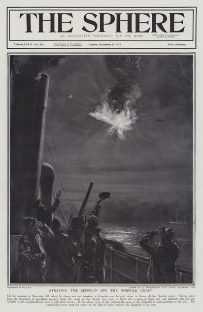 Saksalainen Zeppelin-ilmalaiva ammuttiin alas liekkeihin Norfolkin rannikolla, ensimmäinen maailmansota, 28. marraskuuta 1916 (litho) tekijältä English School