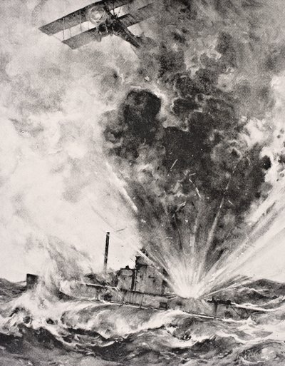 Saksalainen sukellusvene pommitettiin ja upposi 26. elokuuta 1915 Lontoossa 1916 julkaistusta The War Illustrated Album deLuxe -julkaisusta (litho) tekijältä English School