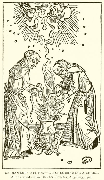 Saksalainen taikausko - Noidat valmistamassa charmia. Ulrichs Witchesissä, Augsburgissa vuonna 1508 tehdyn puunhakauksen jälkeen tekijältä English School