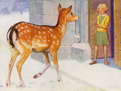 Noia alimentant un cérvol a la neu (litografia de color) finlandès tekijältä English School
