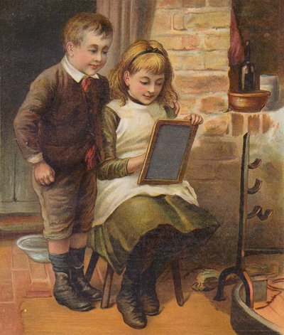 Tyttö auttaa veljeään kotitehtävien kanssa (kromoliitti) tekijältä English School