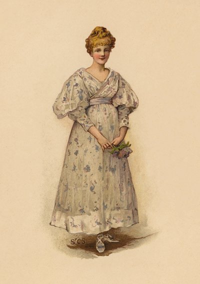 Tyttö pitelee kukkakimppua (chromolitho) tekijältä English School