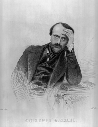Giuseppe Mazzini, "The Drawing Room Portrait Gallery of Eminent Personages" (kaiverrus) (bw kuva) tekijältä English School