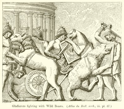 Gladiaattorit taistelevat villieläinten kanssa. (Atlas du Bull. arch., iii. pl. 37) tekijältä English School