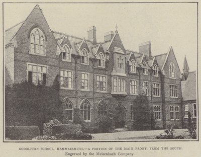 Godolphin School, Hammersmith, osa pääjulkisivua etelästä (kaiverrus). tekijältä English School