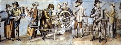 Messuille menossa, yksityiskohta veitsimyllystä ja kauppiaista ja naisista, n. 1815 (wc, guassi paperilla) (katso myös 107509 ja 107510) tekijältä English School