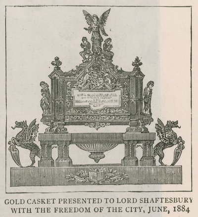 Kultaarkku, joka annettiin Lord Shaftesburylle kaupungin vapauden myötä, kesäkuu 1884 tekijältä English School