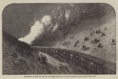 Palossa oleva tavarajuna, johon törmäsi pikapostijuna Caledonian Railwaylla (kaiverrus) tekijältä English School