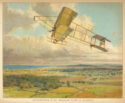 "Grahame-White lentokoneessaan, joka lentää Blackpooliin." Pienten ihmisten kirja ilmalaivoista. Lontoo: Ernest Nister, [1912] tekijältä English School