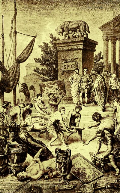 Kreikkalainen kulttuuri - patsaat ja taideteokset, jotka kuljetettiin Roomaan, kuvitus The Illustrated History of the World -julkaisusta, julkaistu n. 1880 (digitaalisesti paranneltu kuva) tekijältä English School