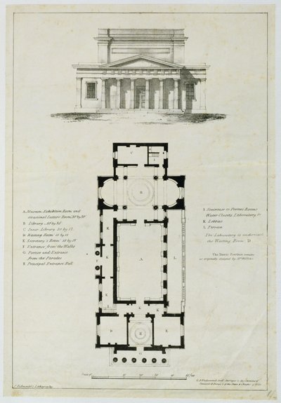 Kylpyhuoneen alempien kokoushuoneiden pohjapiirros, kaiverrus Charles Hullmandel (1789-1850) tekijältä English School