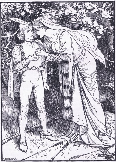 Guenevere lähettää sivunsa Lancelotille avuksi, kuvituksen Longmans Greenin ja Co:n julkaisemasta The Book of Romancesta tekijältä English School