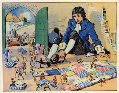 Gulliverin matkat: Gulliver: Keisari teetti hänelle sängyn (värilitografia). tekijältä English School
