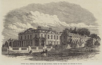 Gunton Hall, Norfolk, lordi Suffieldin kotipaikka, jossa Walesin prinssi ja prinsessa vierailivat (kaiverrus). tekijältä English School
