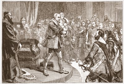 Gustavus Adolphus lähtemässä valtioista, kuvitus James Aitken Wylien (1808-1890) Protestantismin historiasta, pub. 1878 tekijältä English School