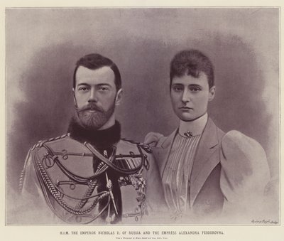 HÄN Venäjän keisari Nikolai II ja keisarinna Aleksandra Feodorovna (värilitografia). tekijältä English School