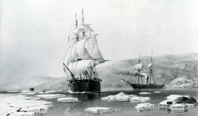 HMS Assistance ja Pioneer murtautumassa talvikorttelista vuonna 1854 (litografia) tekijältä English School