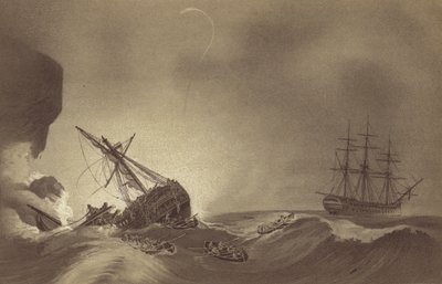 HMS Impetueux, komentaja kapteeni Thomas Byam Martin, pelastamassa HMS Venerablen miehistöä kapteeni J Hunterin johdolla, haaksirikkoutui Torbayssa, Devonissa, 24. marraskuuta 1804 (litho) tekijältä English School