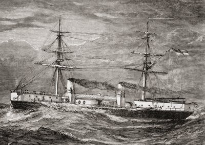 Britannian kuninkaallisen laivaston HMS Inflexible, Invincible Class taisteluristeilijä, kuvitus "Our Own Magazine -lehdestä", julkaissut Children