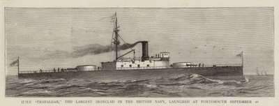 HMS "Trafalgar", Britannian laivaston suurin rautapuku, laukaistiin Portsmouthissa 20. syyskuuta (kaiverrus) tekijältä English School