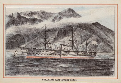 HM Indian Troop-Ship: Steaming Past Mount Sinai (värillinen kaiverrus). tekijältä English School