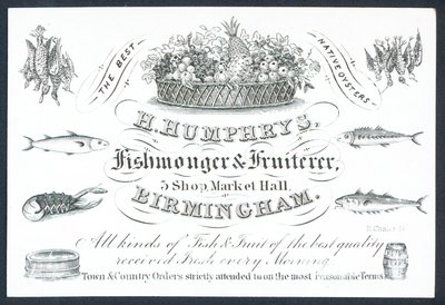 H Humphrys, Fishmonger and Fruiterer, kauppakortti tekijältä English School