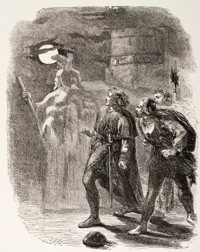 Hamlet, Horatio ja Marcellus näkevät kummituksen, The Illustrated Library Shakespearesta, julkaistu Lontoossa 1890 tekijältä English School