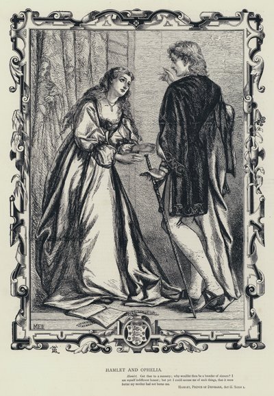 Hamlet ja Ophelia, Hamlet, Tanskan prinssi, näytös iii, kohtaus 1 (kaiverrus) tekijältä English School