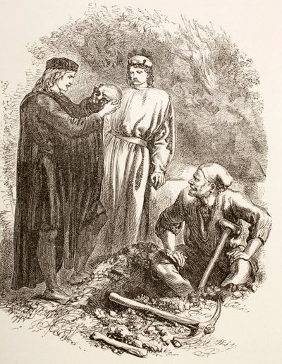 Hamlet pitää hallussaan Yorickin kalloa, joka kuvaa Hamletin näytöstä V, kohtaus I, "The Illustrated Library Shakespeare", julkaistu Lontoossa 1890 tekijältä English School