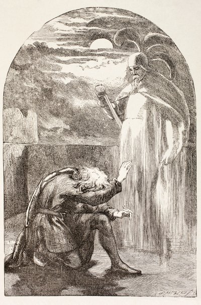 Hamlet näkee kummituksen, isänsä hengen, Lontoossa 1890 julkaistusta The Illustrated Library Shakespearesta tekijältä English School