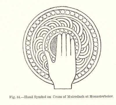 Käsisymboli Muiredachin ristillä Monasterboicessa (kaiverrus) tekijältä English School