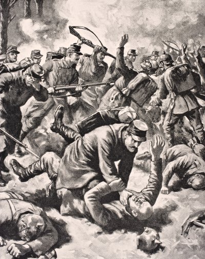 Kädestä käteen taistelu saksalaisten ja länsimaisten sotilaiden välillä, The War Illustrated deLuxesta, julkaistu Lontoossa, 1916 tekijältä English School