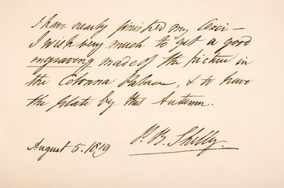 Percy Bysshe Shelleyn käsiala ja allekirjoitus, 1819 tekijältä English School