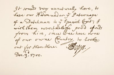 Samuel Pepysin käsiala ja allekirjoitus, 1700 tekijältä English School