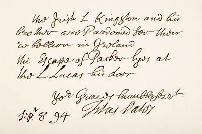 Titus Oatesin käsiala ja allekirjoitus, 1694 tekijältä English School